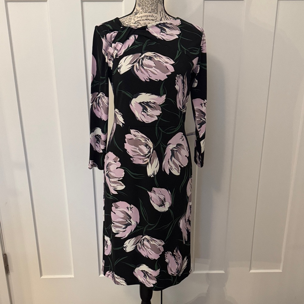 Ann Taylor Factory Long Sleeve Dress with Black and Pink Floral Pattern